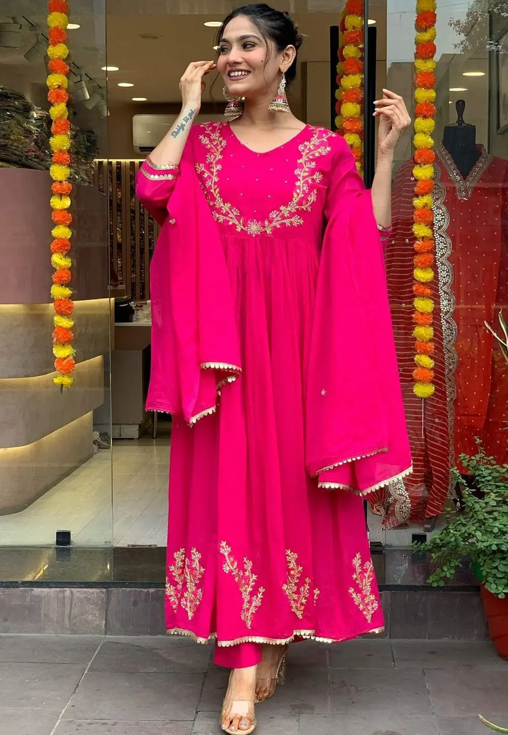 Pink Rayon Readymade Anarkali Suit 304373