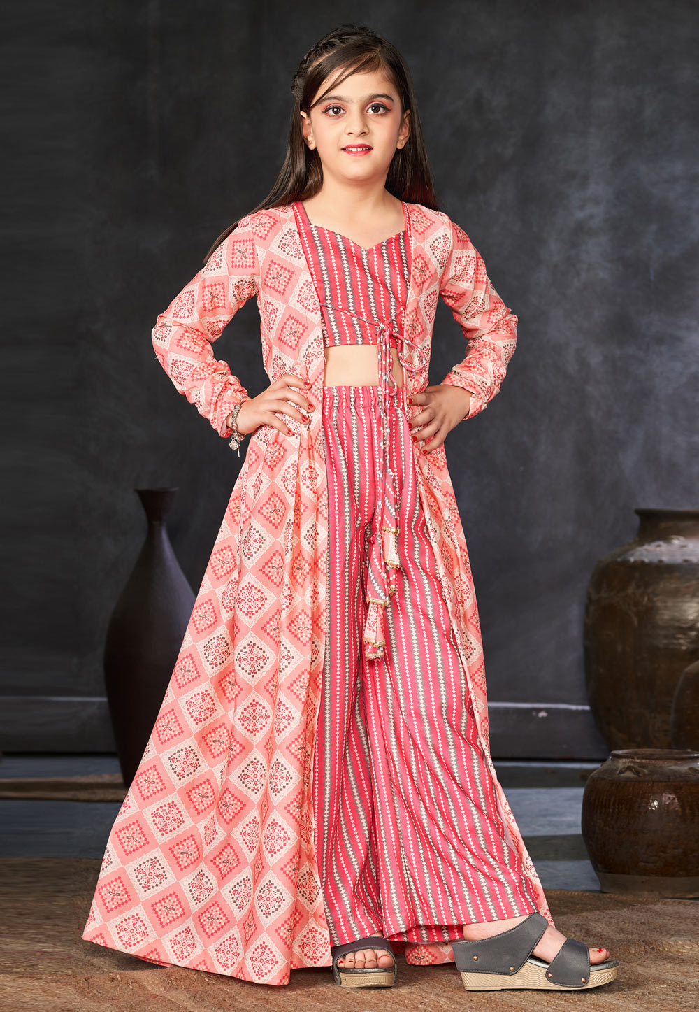 Pink Rayon Readymade Kids Gown With Jacket 285076