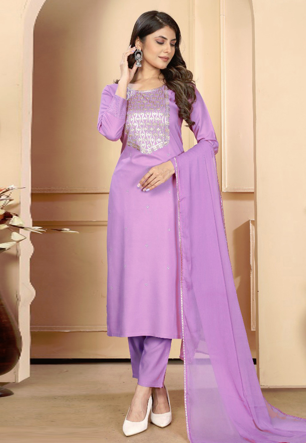 Lavender Rayon Readymade Pakistani Suit 287481