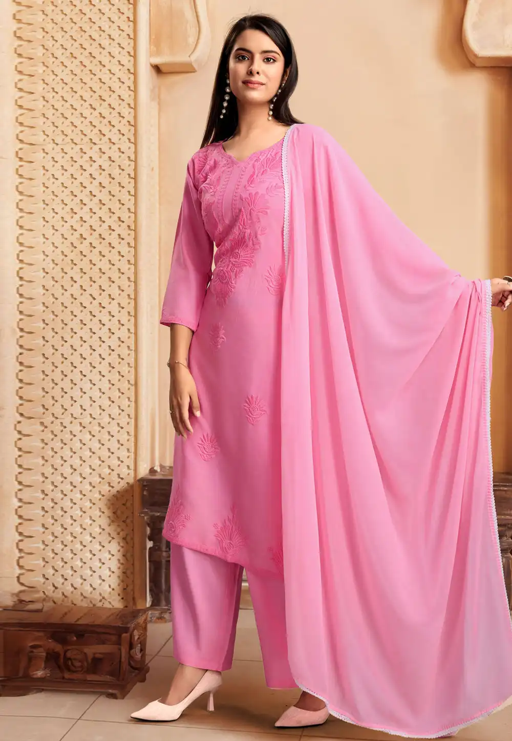 Pink Rayon Readymade Palazzo Suit 291635