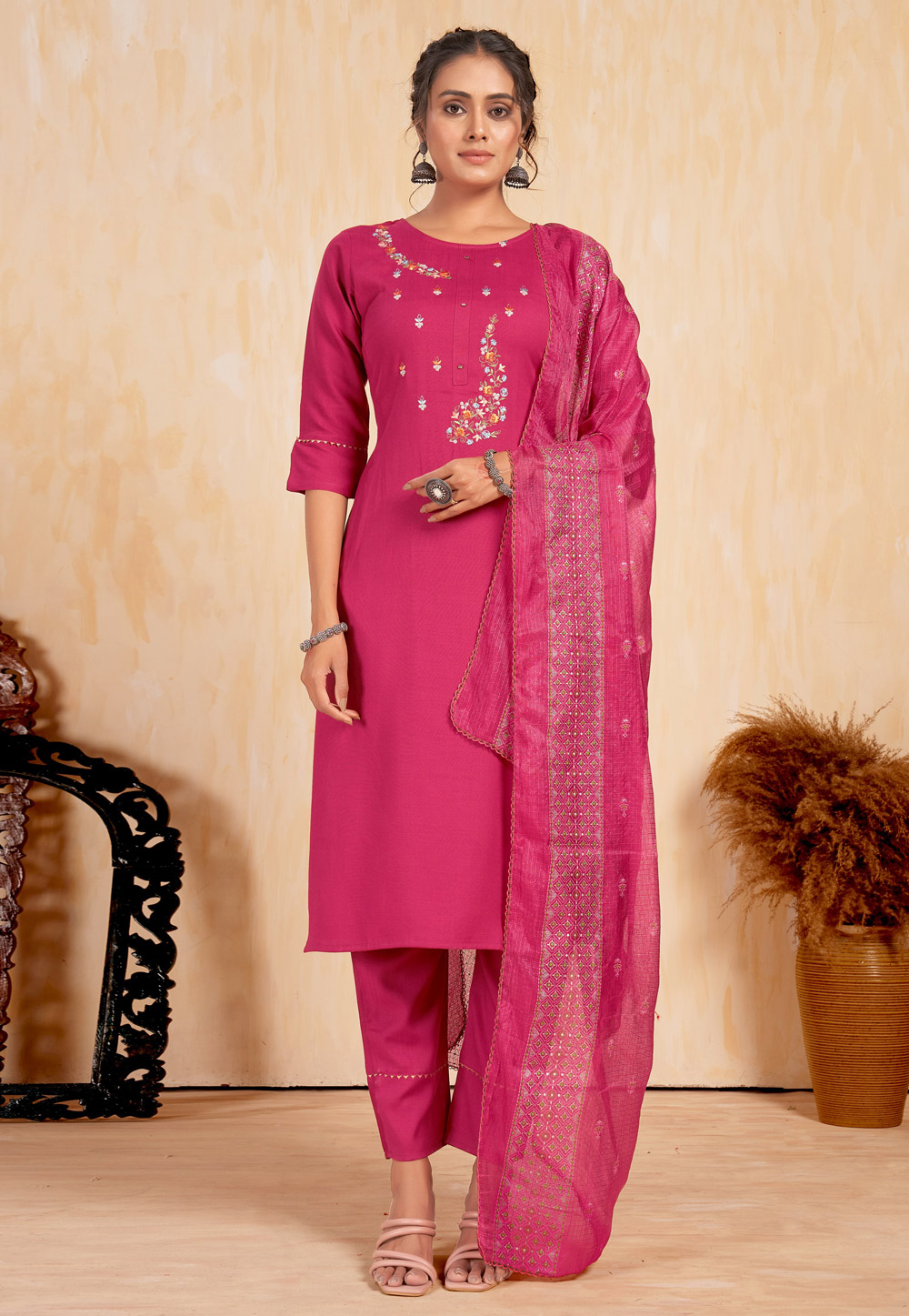 Pink Rayon Readymade Pant Style Suit 284577