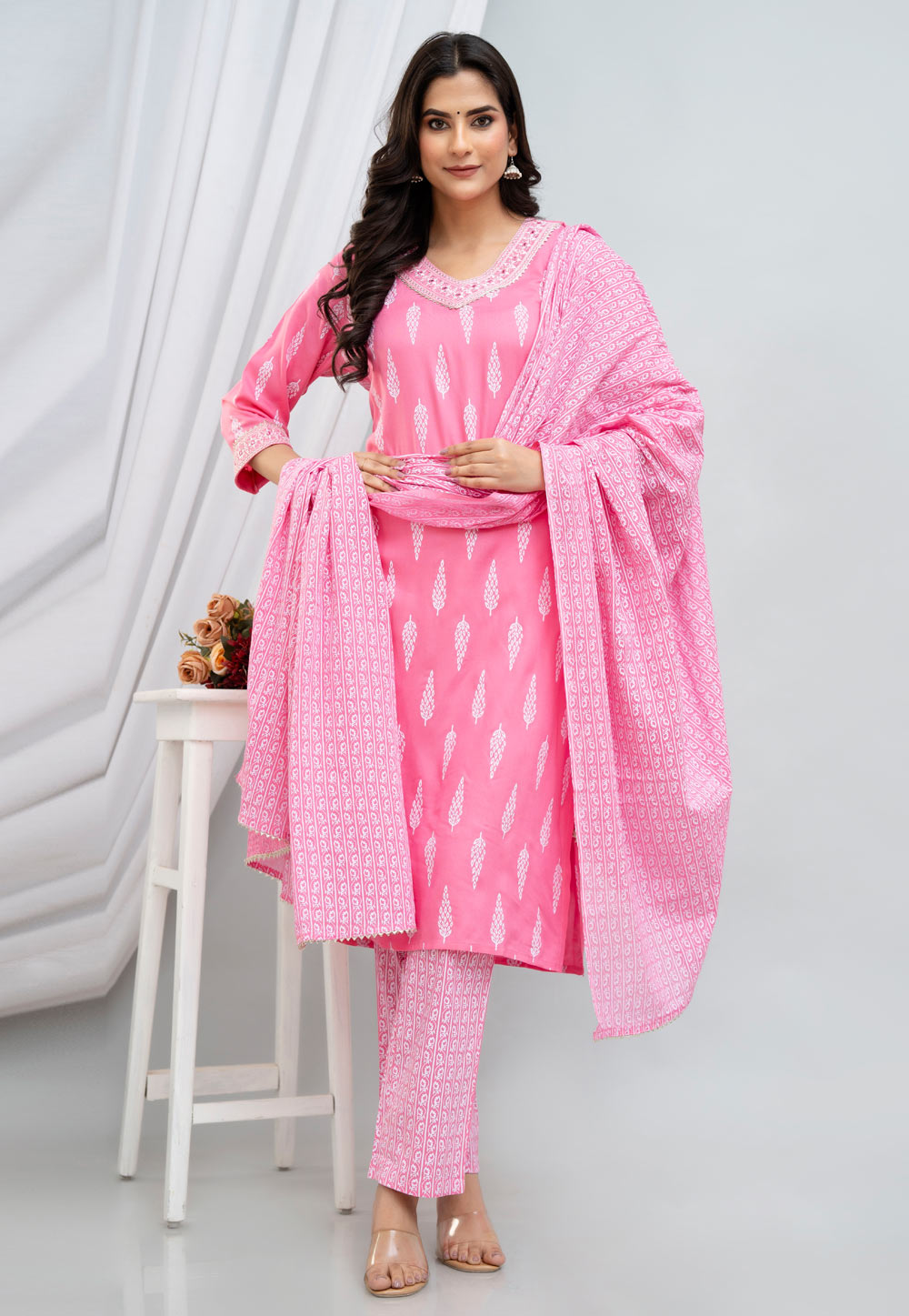 Pink Rayon Readymade Pant Style Suit 284316