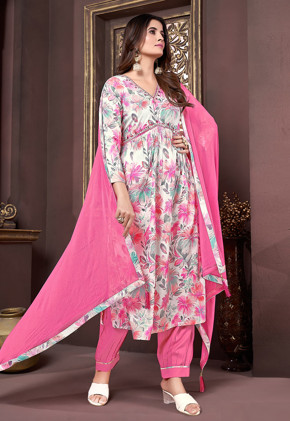 Pink Rayon Readymade Pant Style Suit 284098