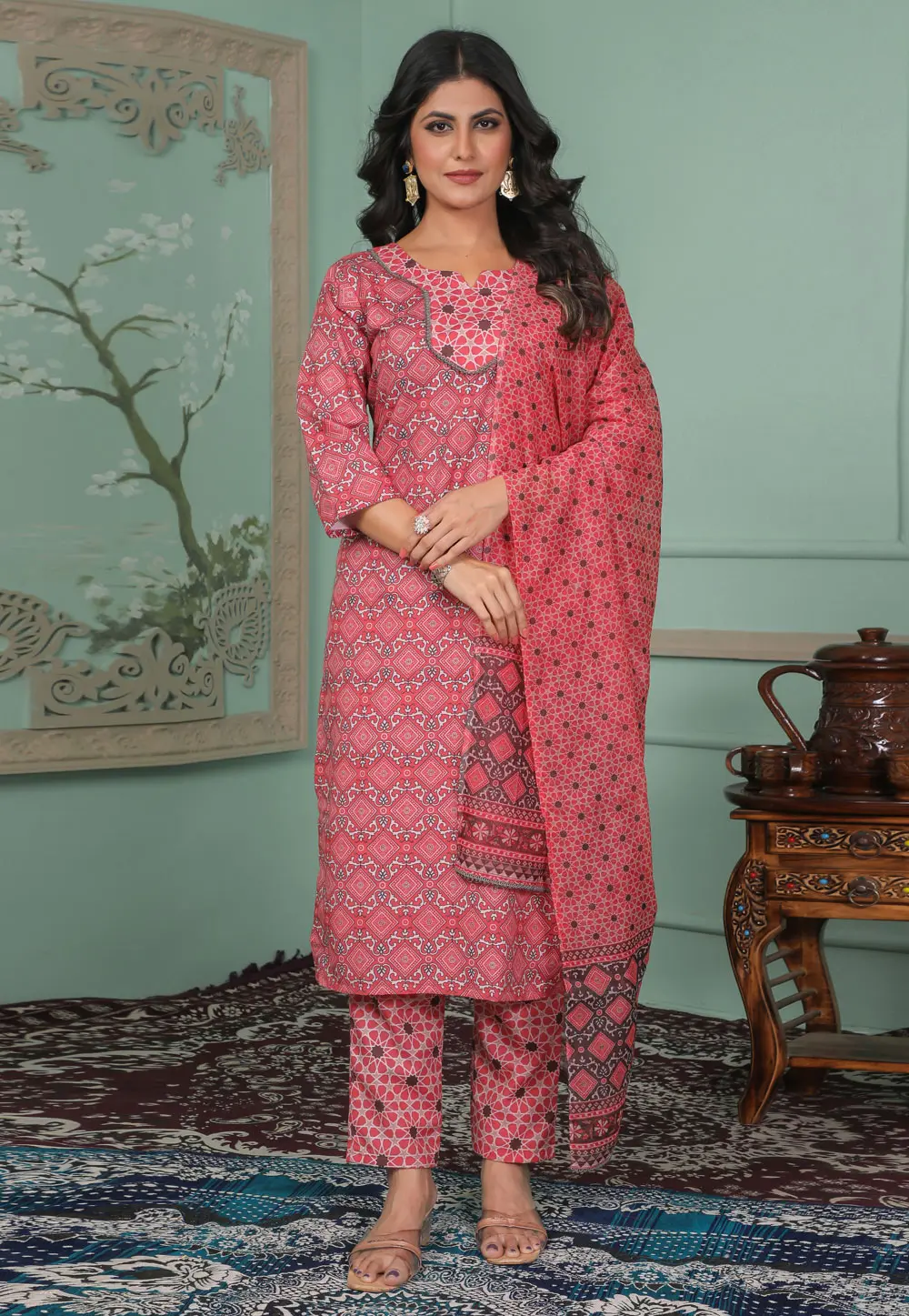 Pink Rayon Readymade Pant Style Suit 302297