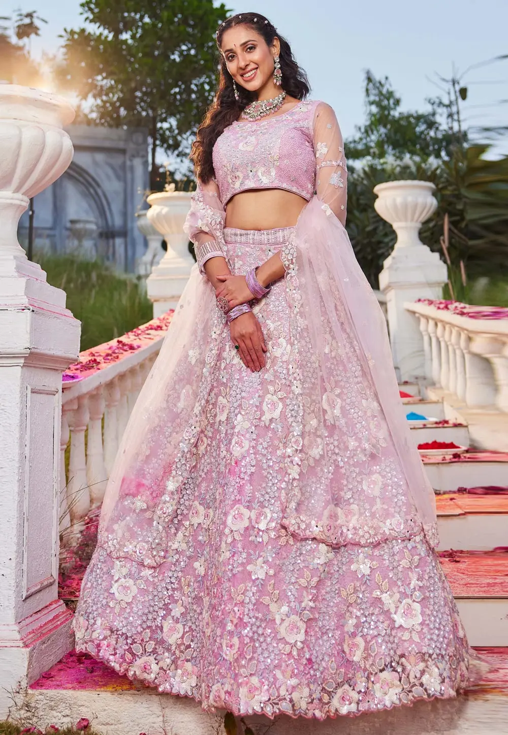 Pink Satin A Line Lehenga Choli 304212