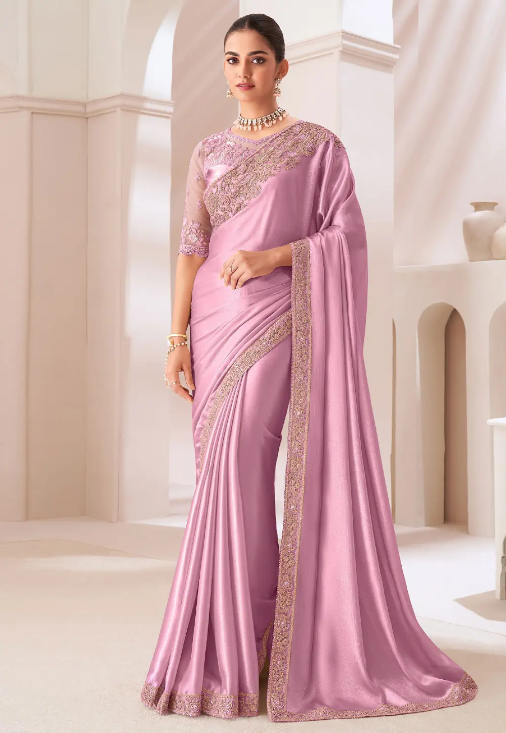 Pink Satin Chiffon Saree With Blouse 299437