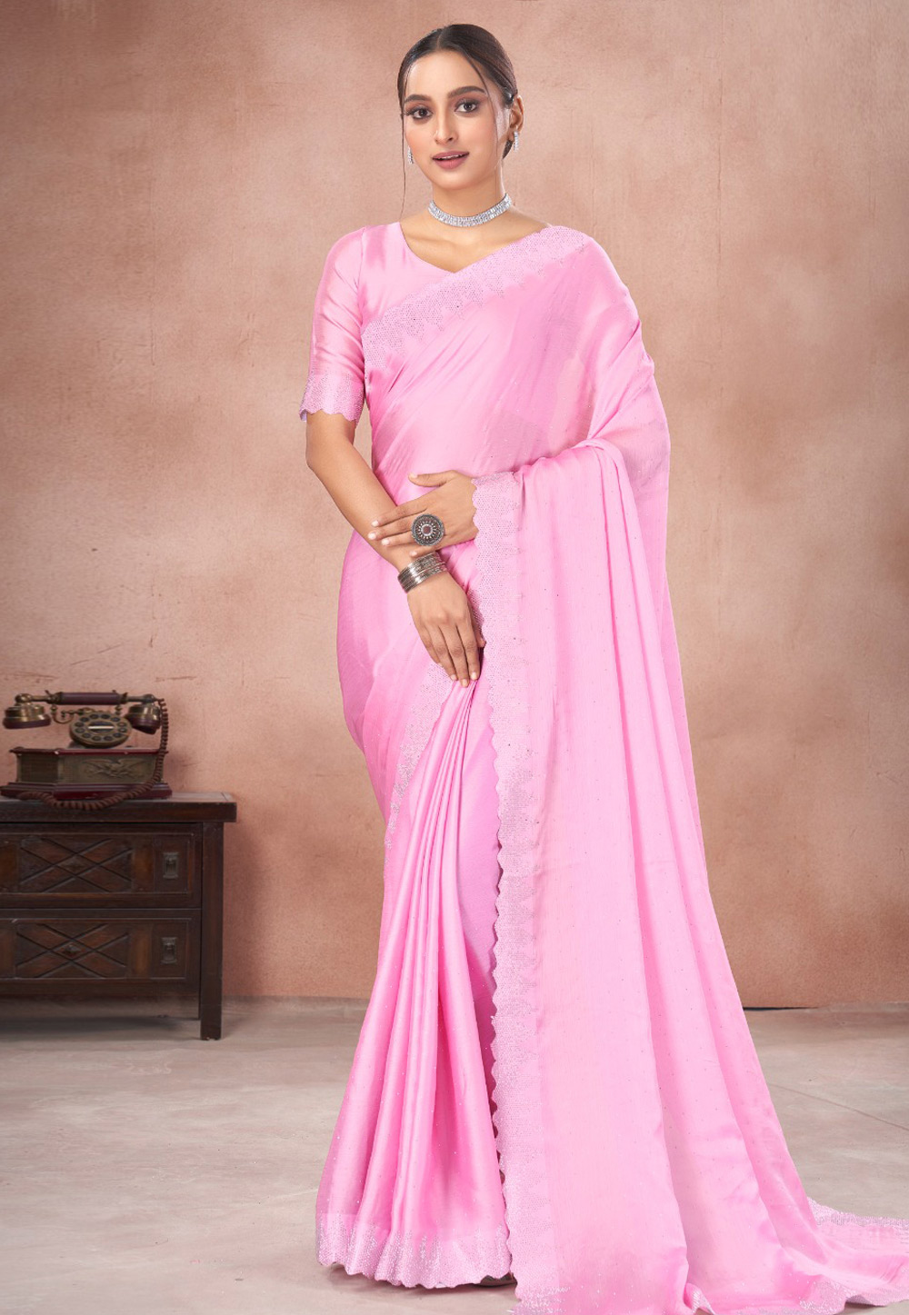 Pink Satin Chiffon Saree With Blouse 285869