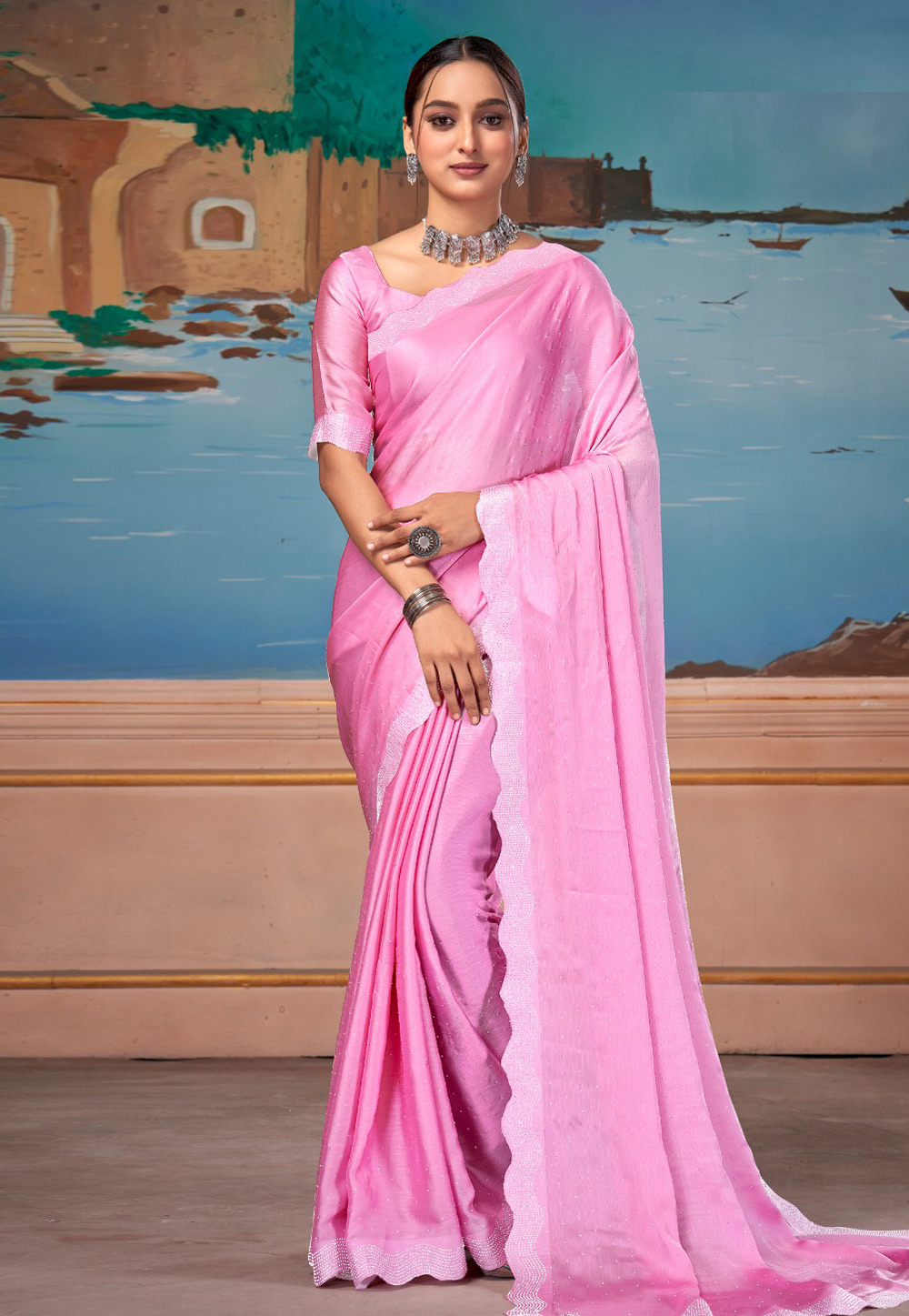 Pink Satin Chiffon Saree With Blouse 285871