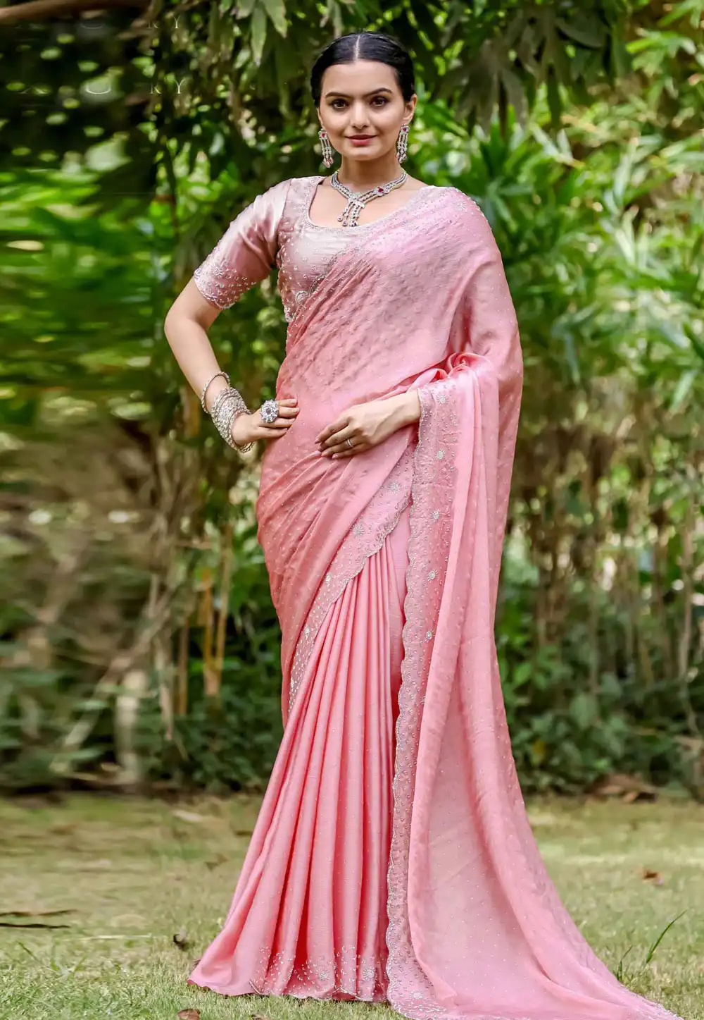 Pink Satin Chiffon Saree With Blouse 290856