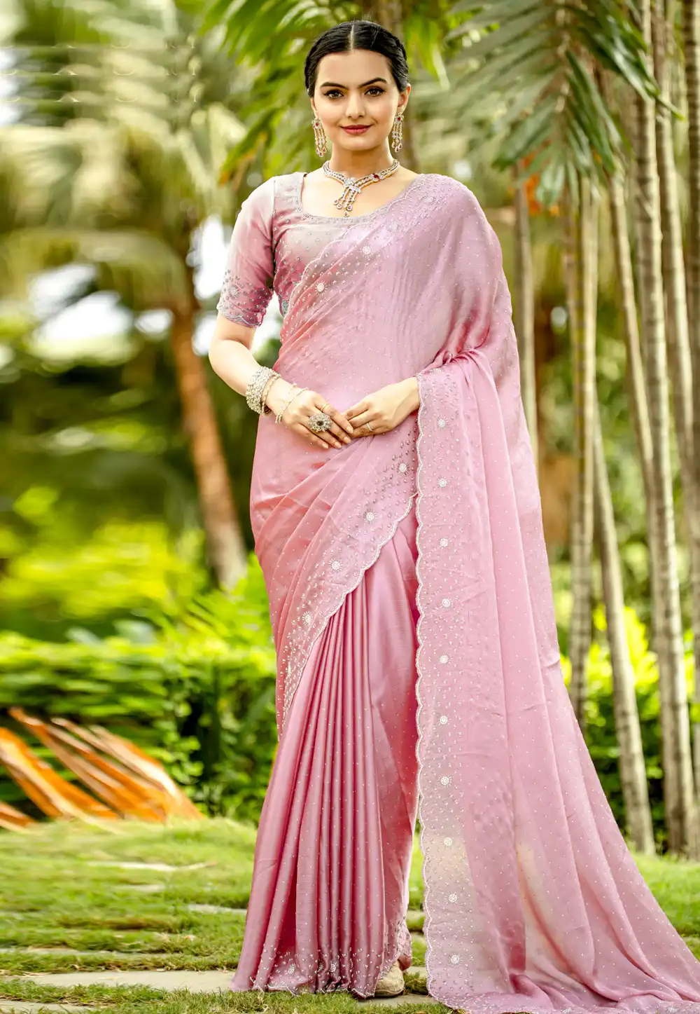 Pink Satin Chiffon Saree With Blouse 290858