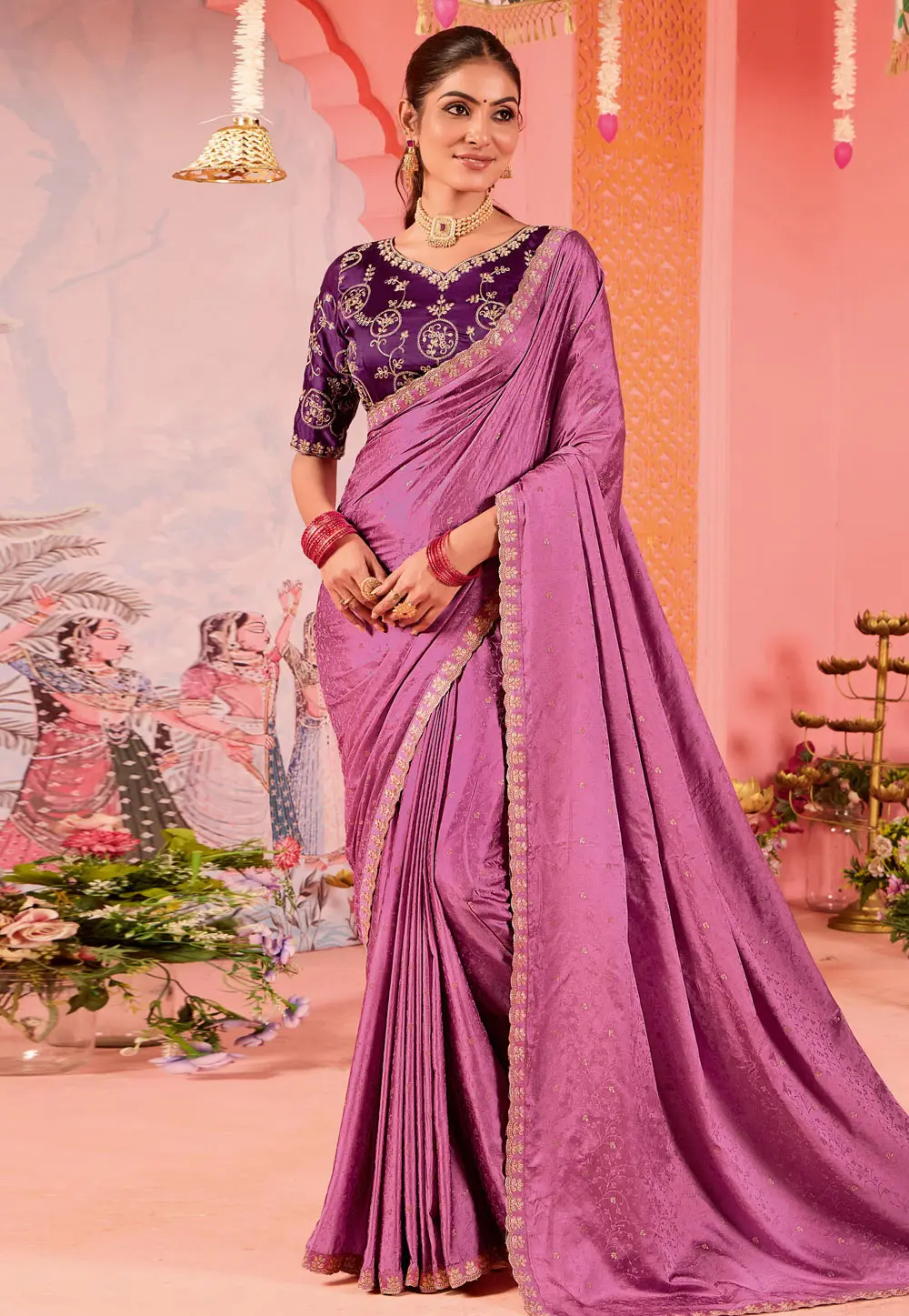 Pink Satin Jacquard Saree With Blouse 302063