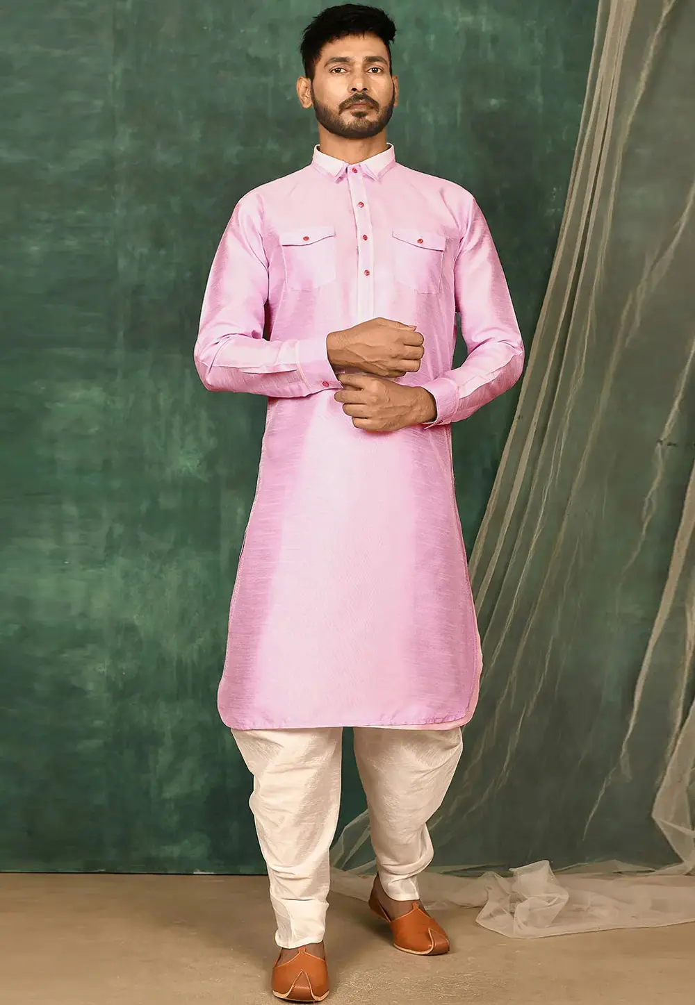 Pink Satin Pathani Suit 300801