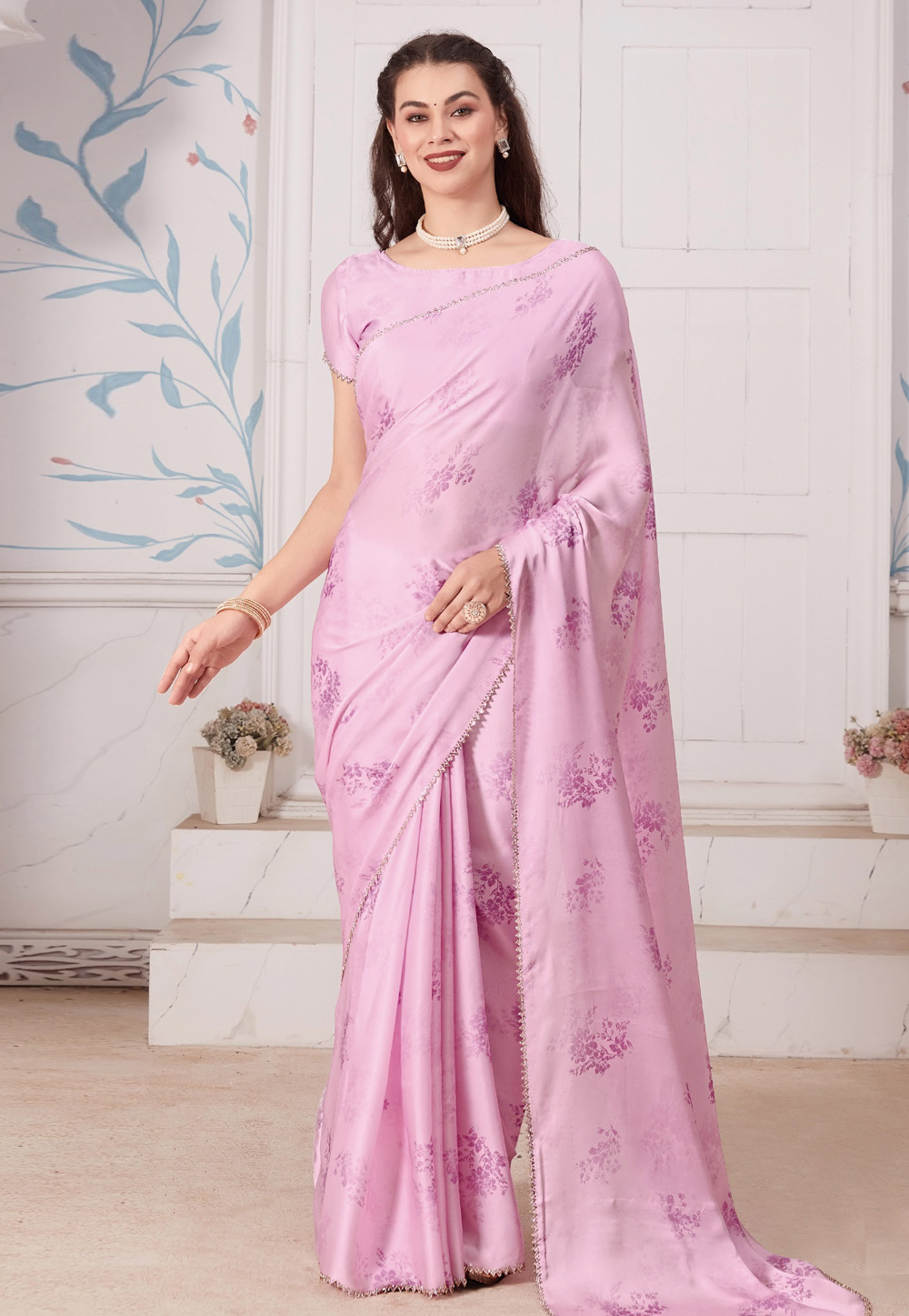 Pink Satin Saree With Blouse 284333