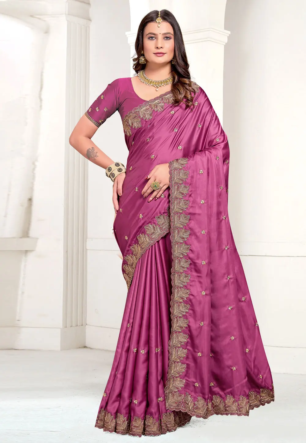 Pink Satin Saree With Blouse 299455