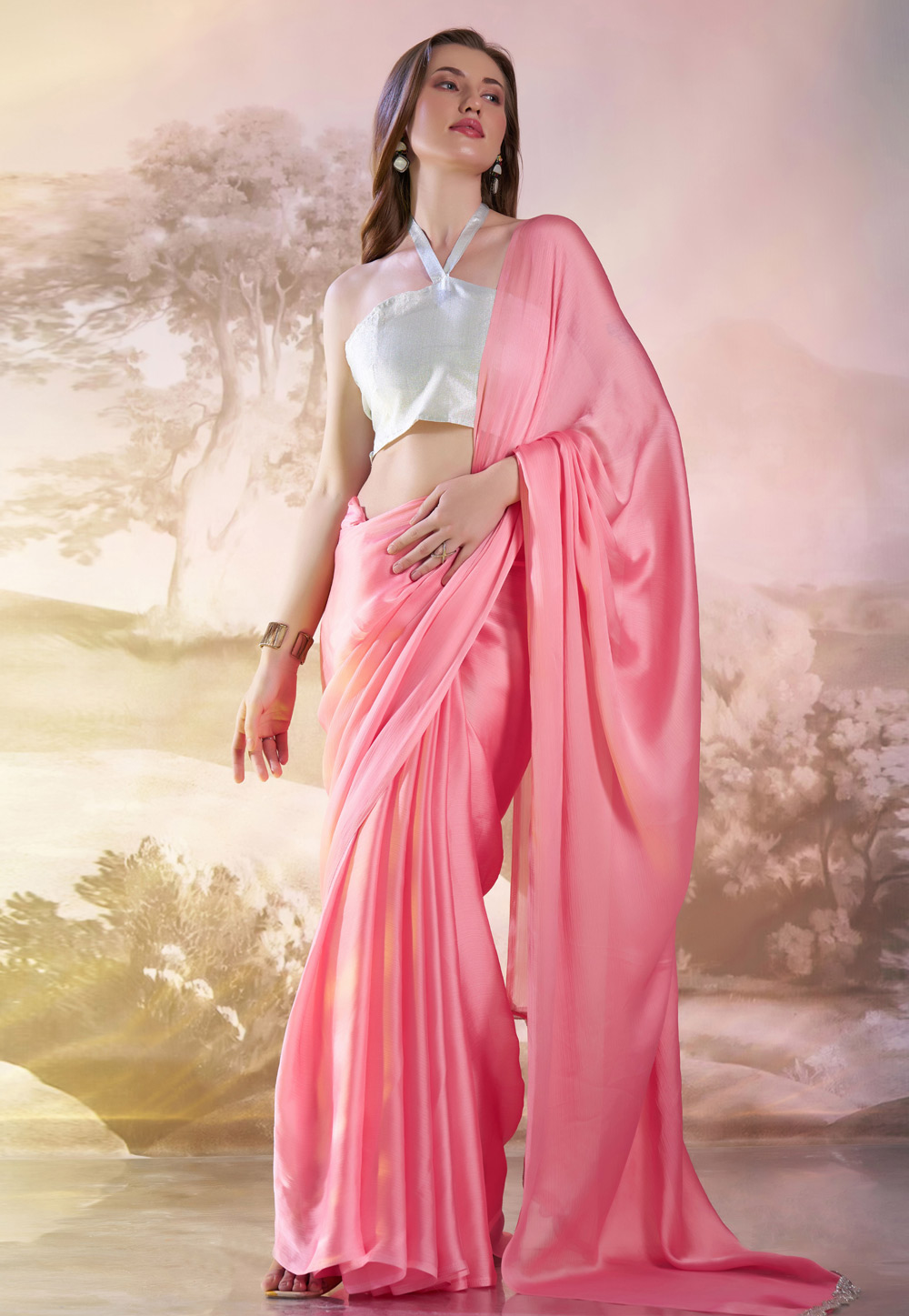 Pink Satin Saree With Blouse 304955