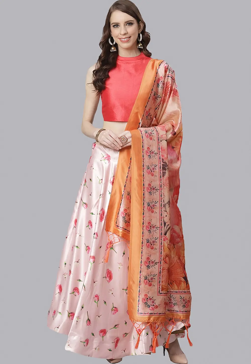 Pink Satin Silk Floral Lehenga choli 297146