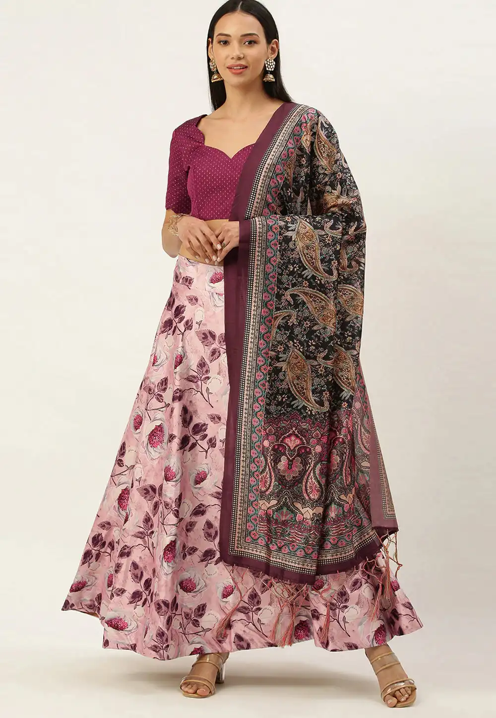 Pink Satin Silk Floral Lehenga choli 292283