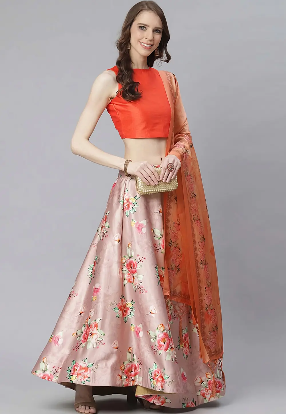 Pink Satin Silk Floral print Lehenga choli 297155