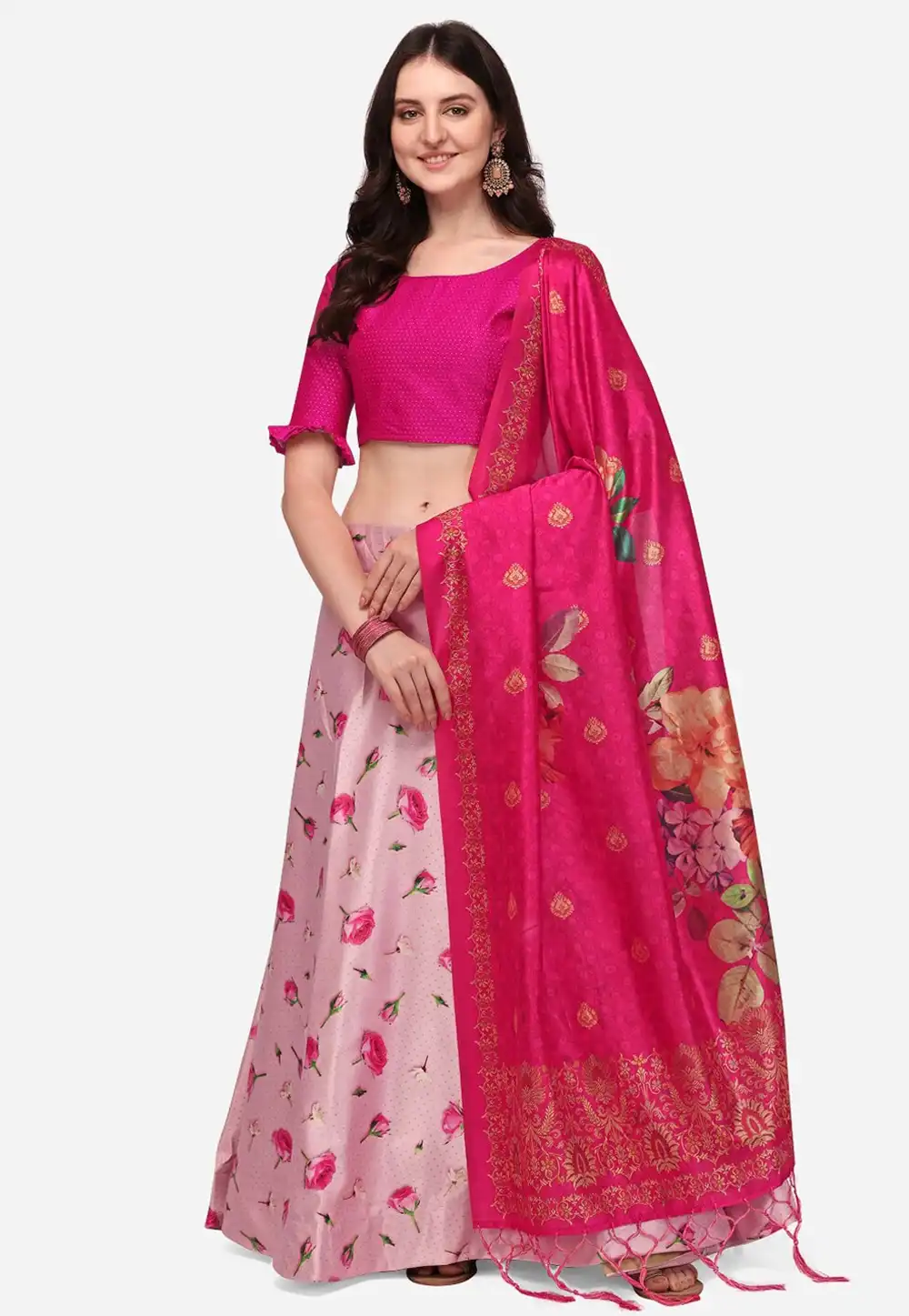 Pink Satin Silk Floral print Lehenga choli 292274