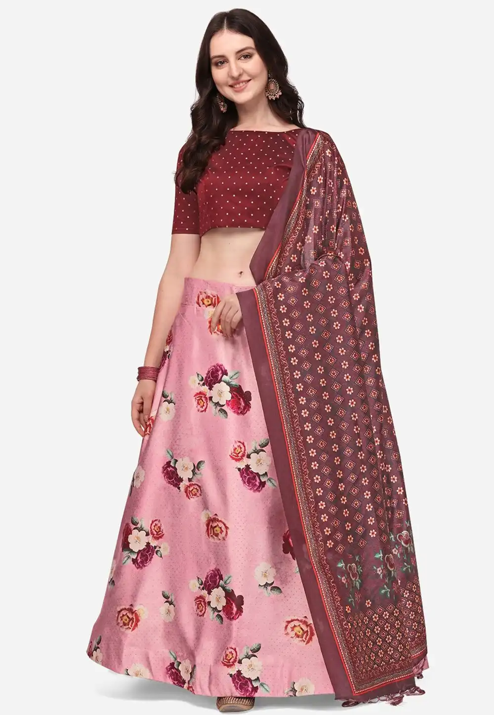 Pink Satin Silk Floral print Lehenga choli 292276