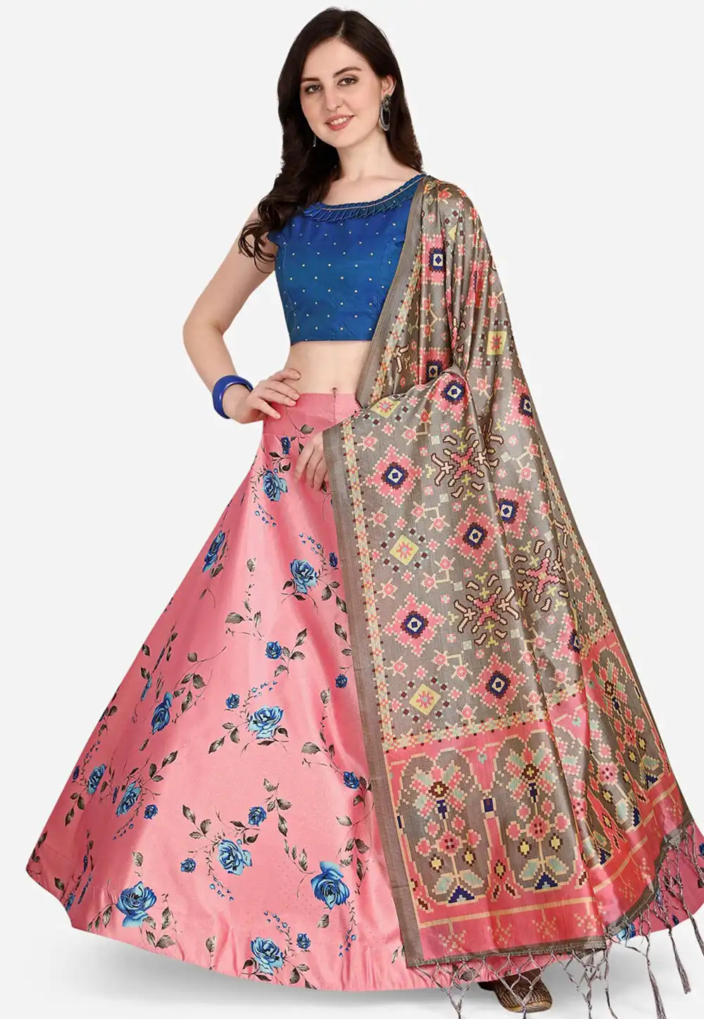 Pink Satin Silk Floral print Lehenga choli 292282