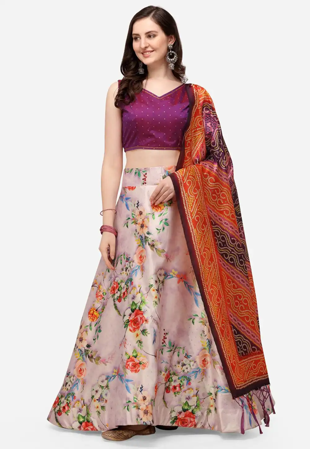 Pink Satin Silk Floral print Lehenga choli 292483