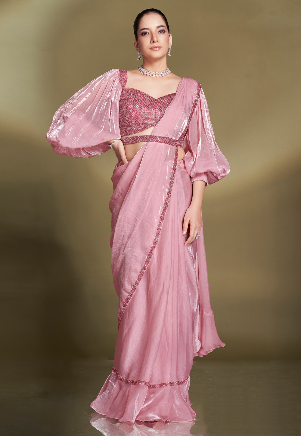 Pink Satin Silk Lehenga Saree 309641