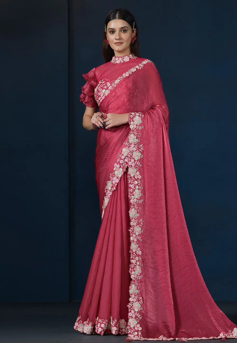 Pink Satin Silk Plain Saree With Designer Blouse 296815