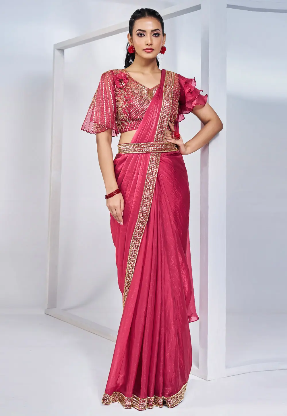 Pink Satin Silk Plain Saree With Designer Blouse 297780