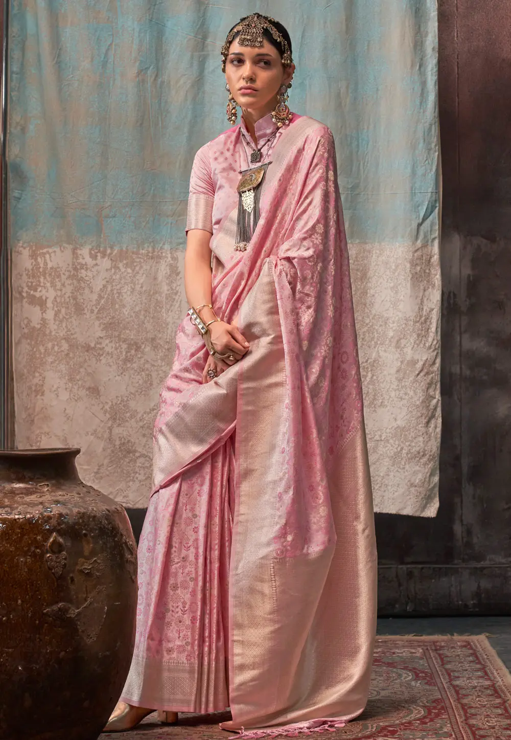 Pink Satin Silk Saree With Blouse 299636