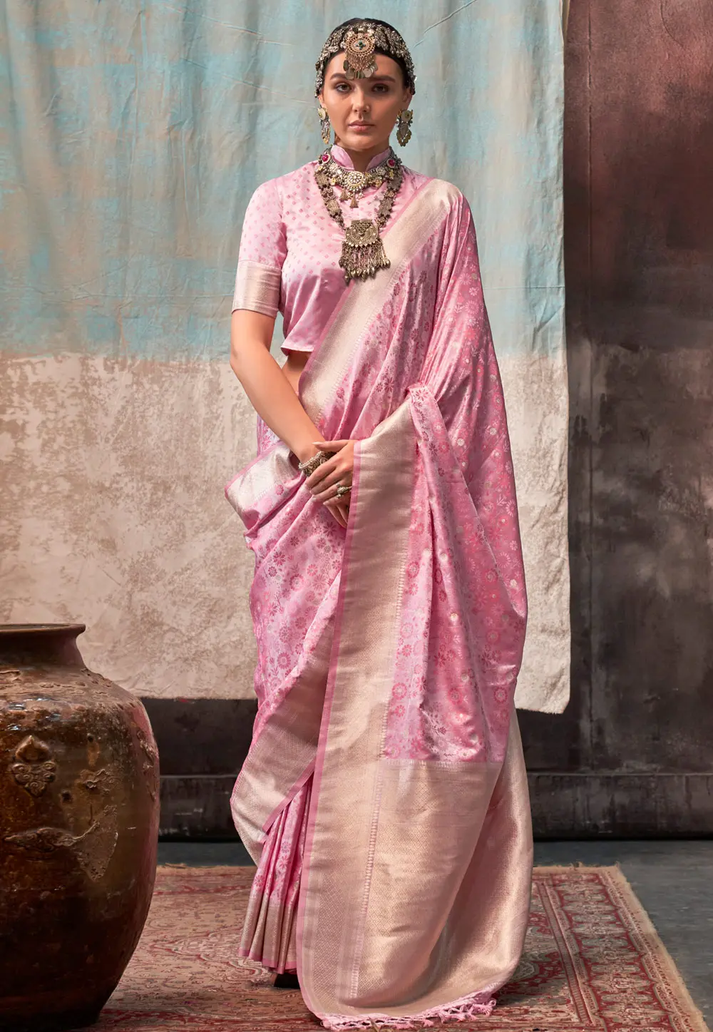 Pink Satin Silk Saree With Blouse 299638