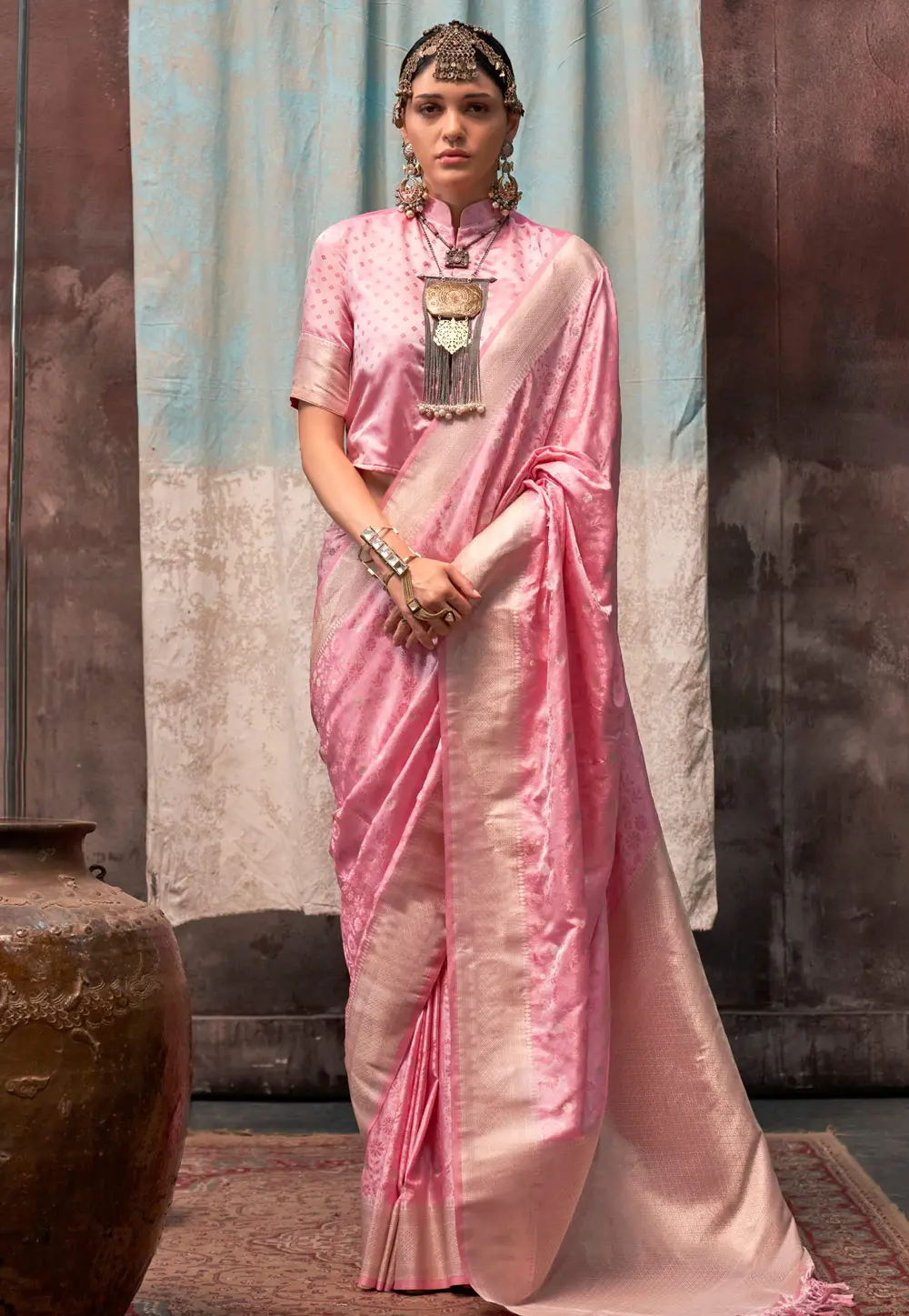 Pink Satin Silk Saree With Blouse 299640