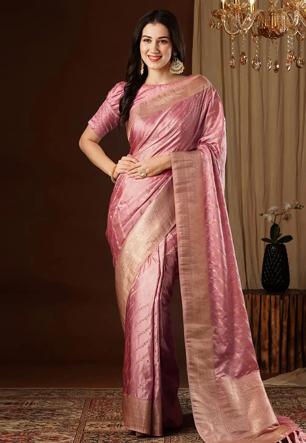 Pink Satin Silk Saree With Blouse 292699