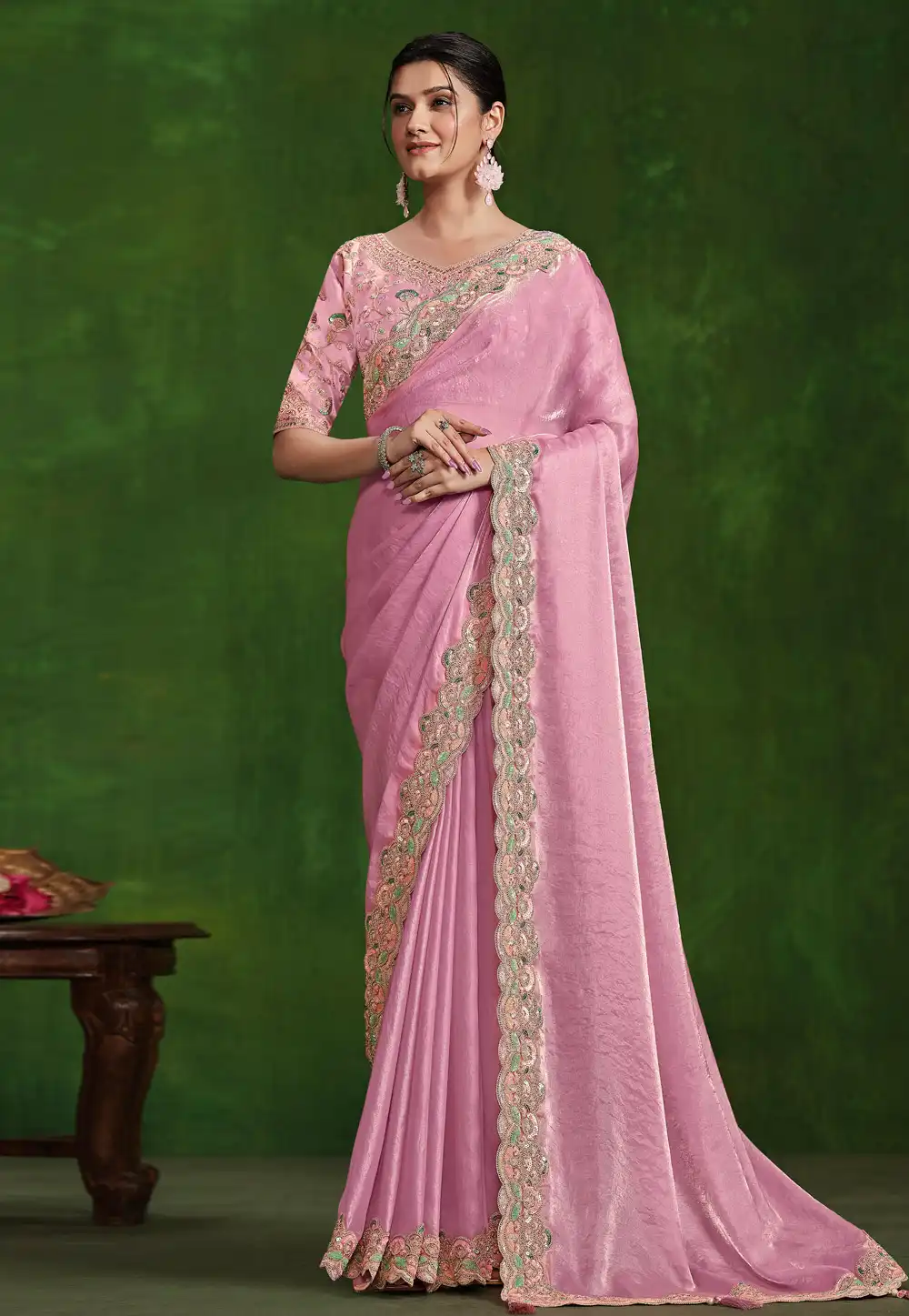 Pink Satin Silk Saree With Blouse 294726