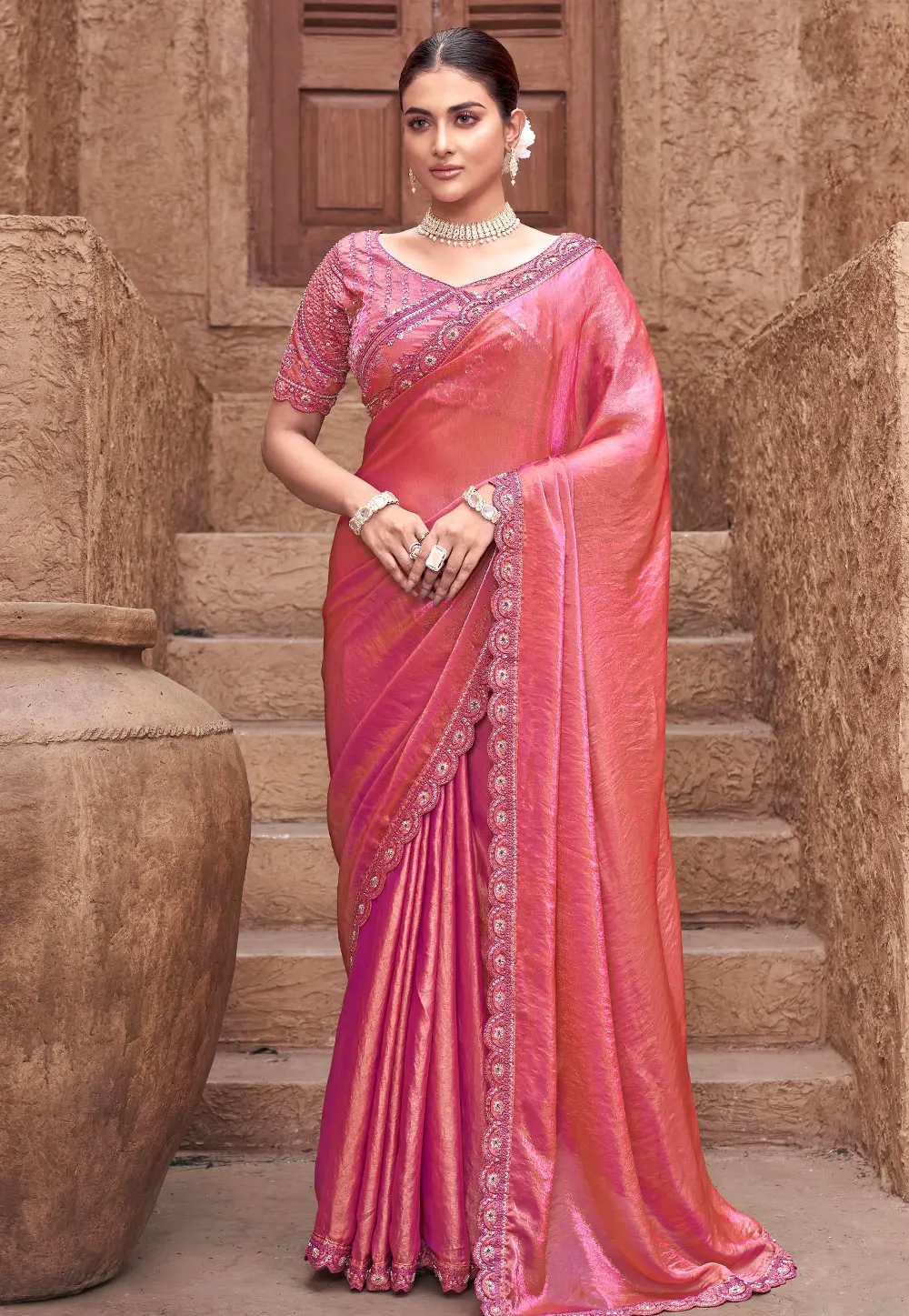 Pink Satin Silk Saree With Blouse 303949