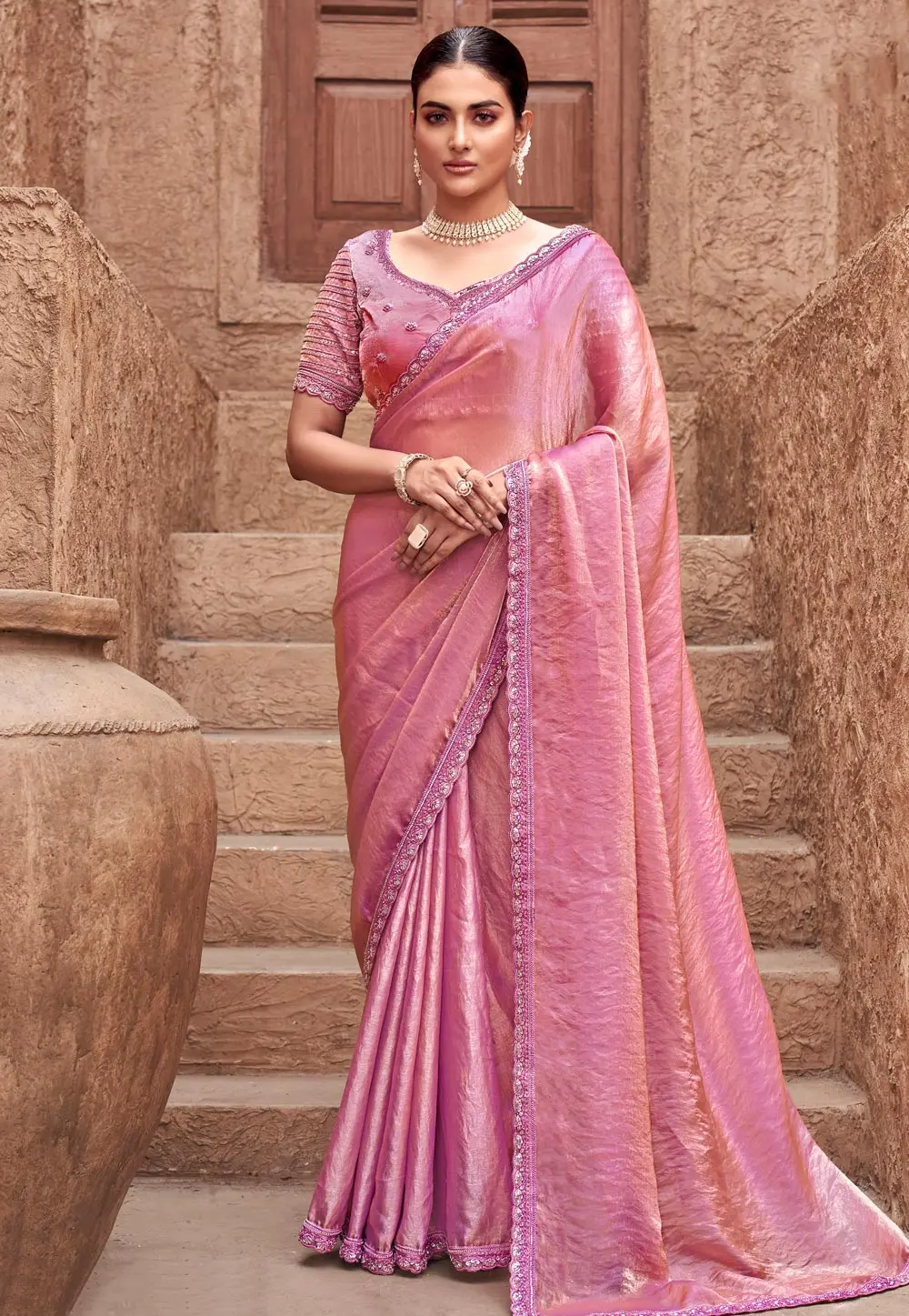 Pink Satin Silk Saree With Blouse 303952