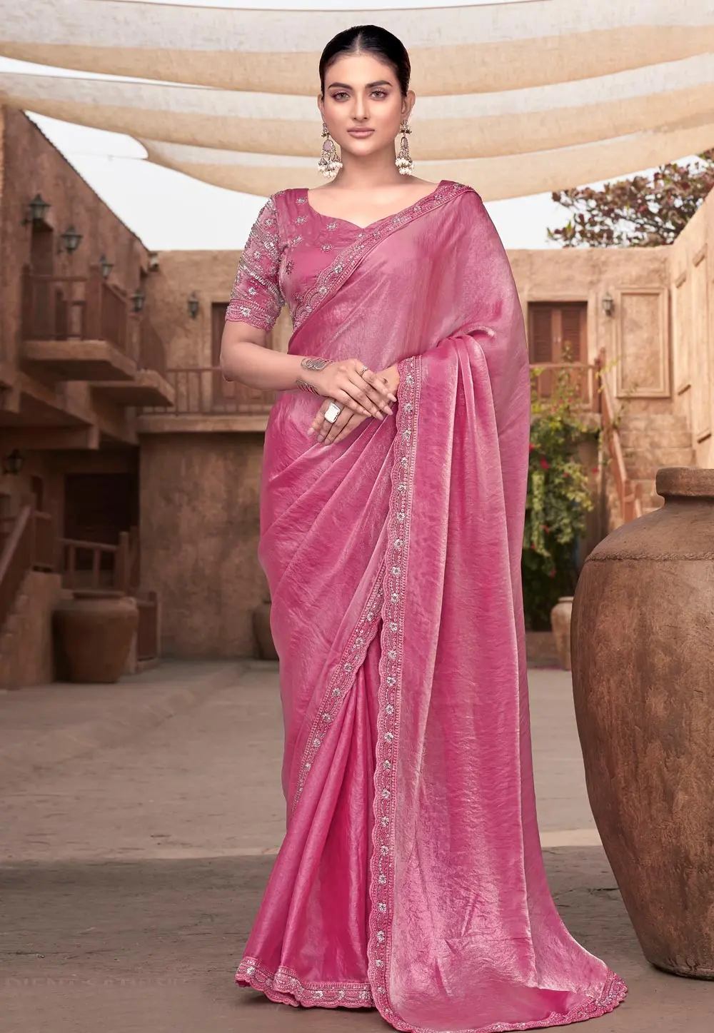 Pink Satin Silk Saree With Blouse 303954