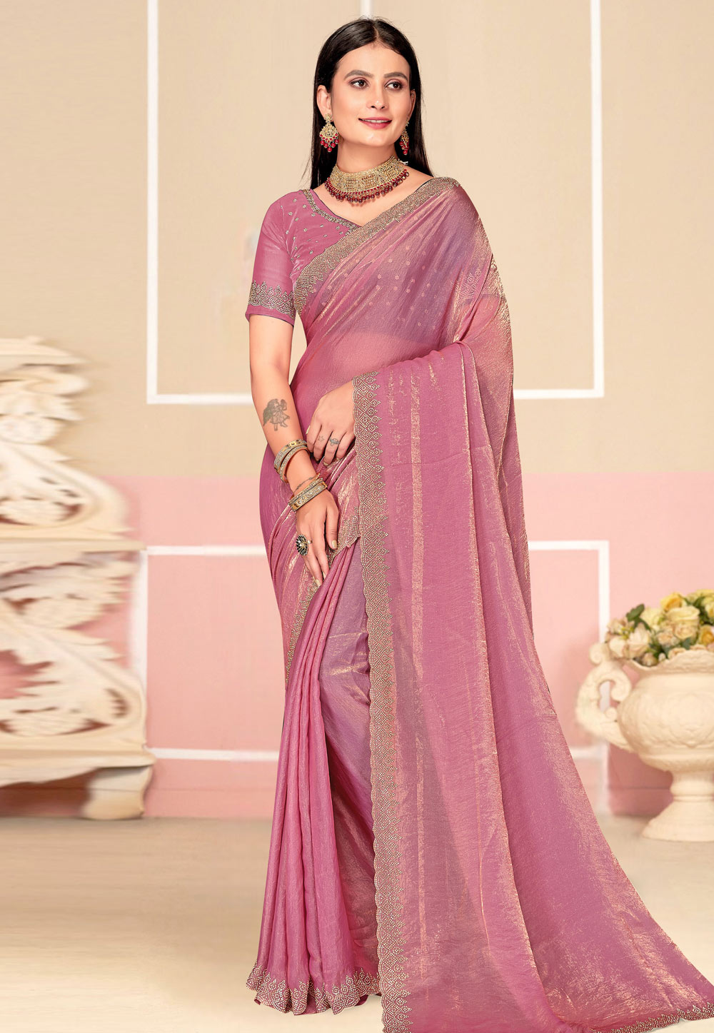 Pink Satin Silk Saree With Blouse 310842