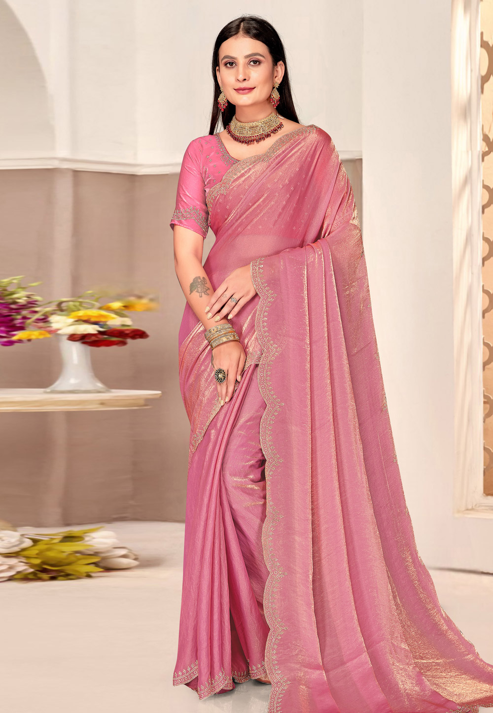Pink Satin Silk Saree With Blouse 311031