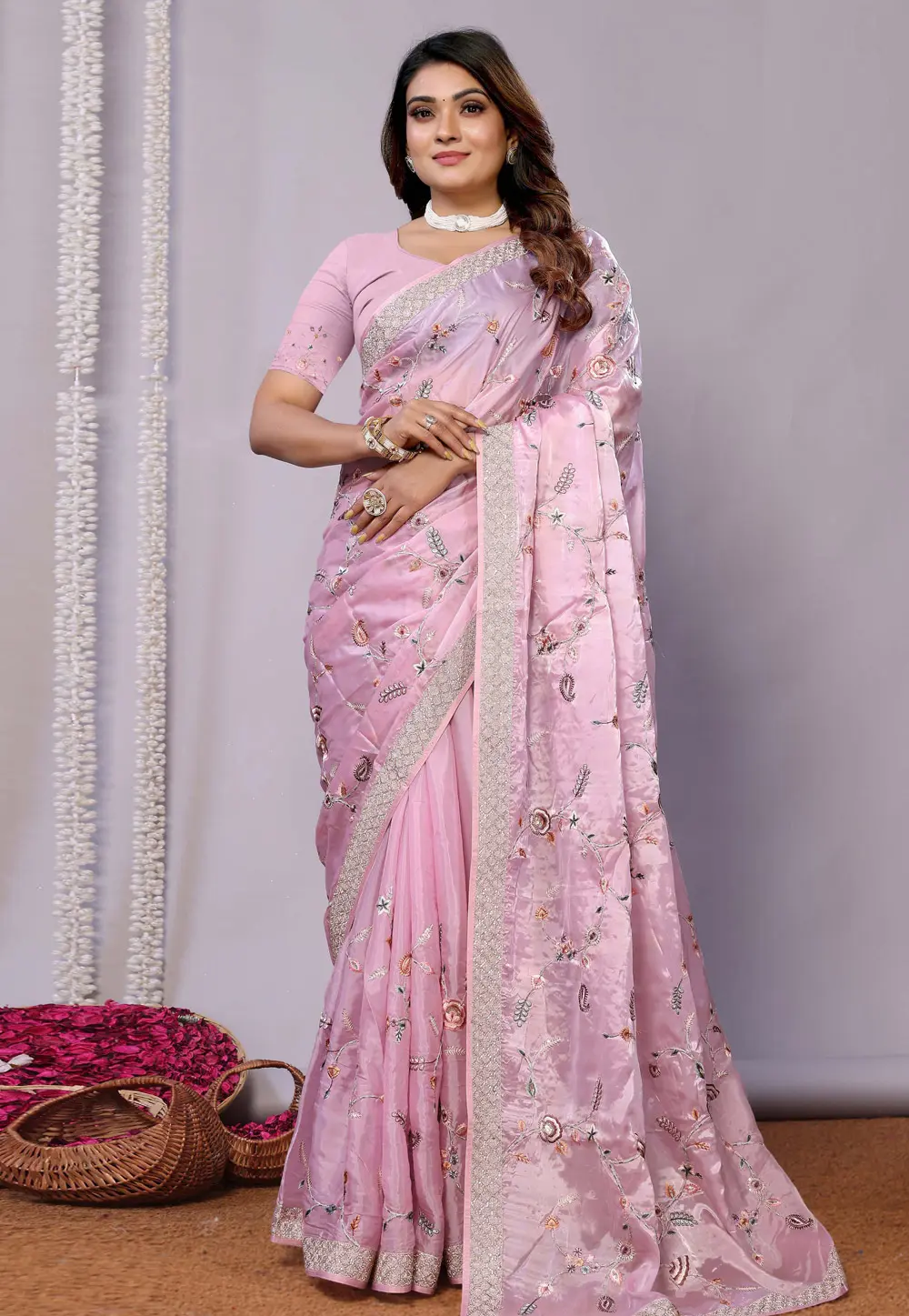 Pink Satin Silk Saree With Blouse 300577