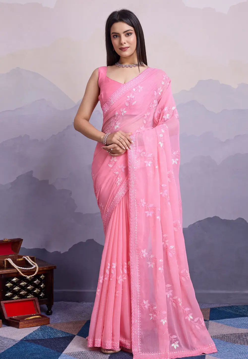 Pink Shimmer Chiffon Saree With Blouse 295673