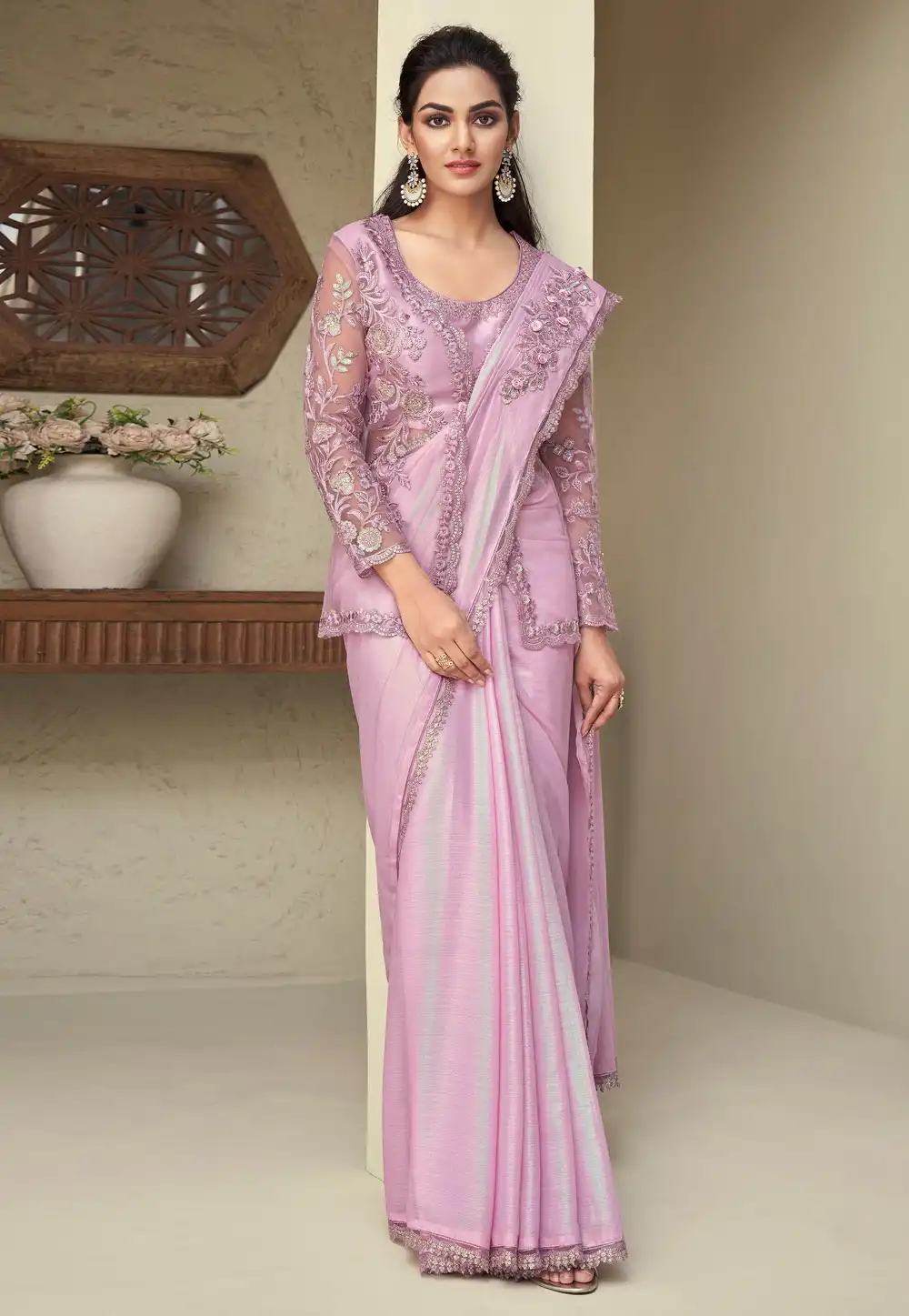 Pink Shimmer Designer Saree With Jacket 288992