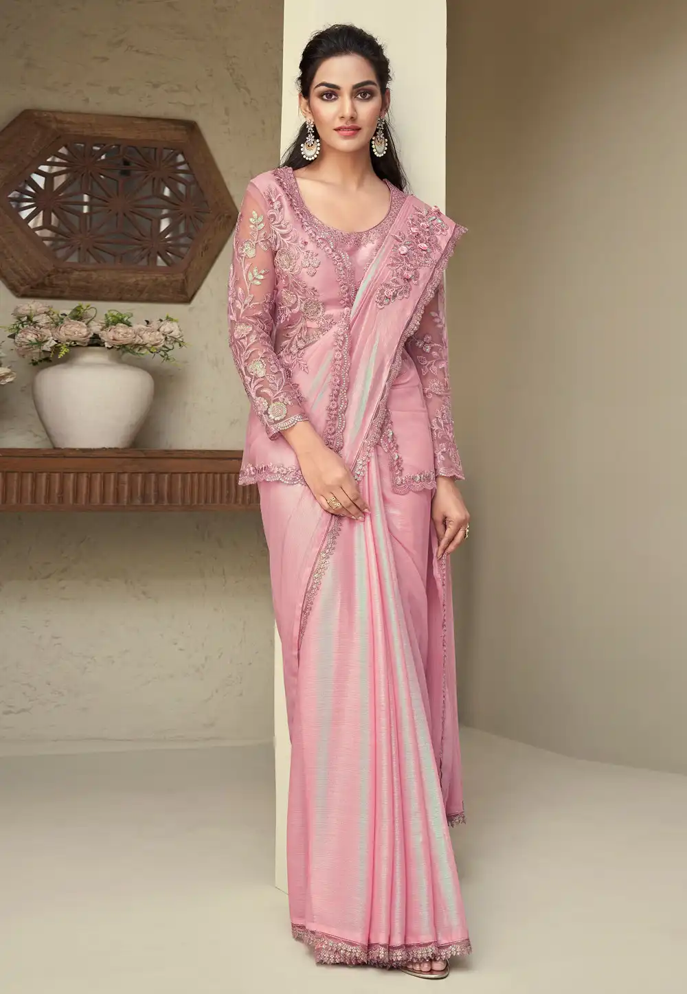 Pink Shimmer Designer Saree With Jacket 288995