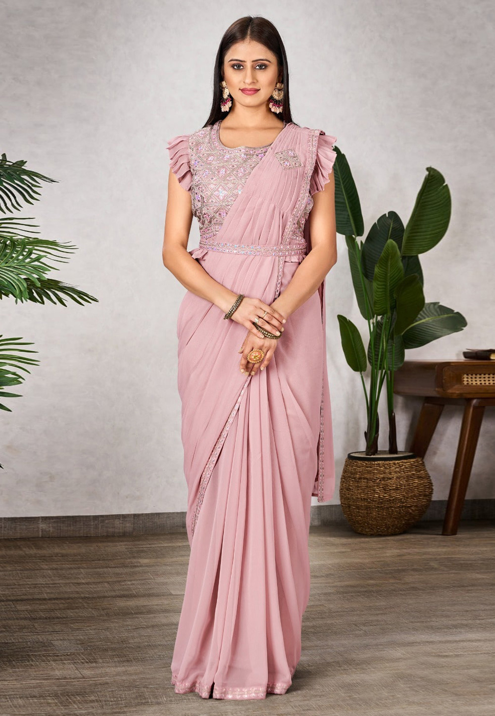 Pink Shimmer Georgette Saree With Blouse 309414