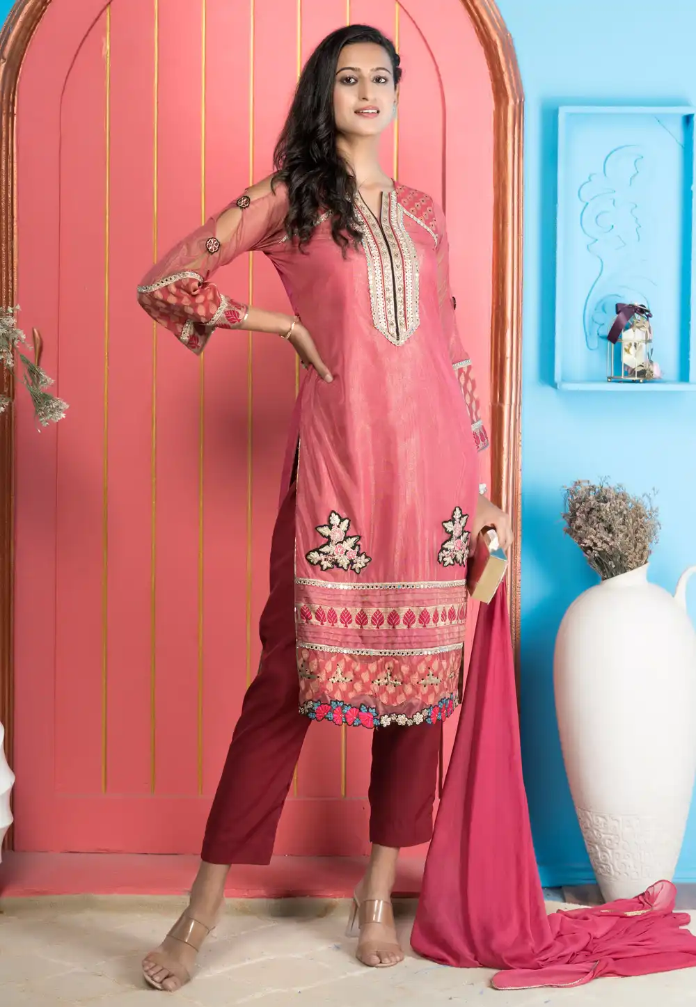 Pink Shimmer Net Readymade Pant Style Suit 293100