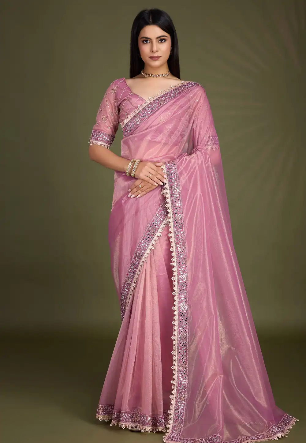 Pink Shimmer Net Saree With Blouse 294800