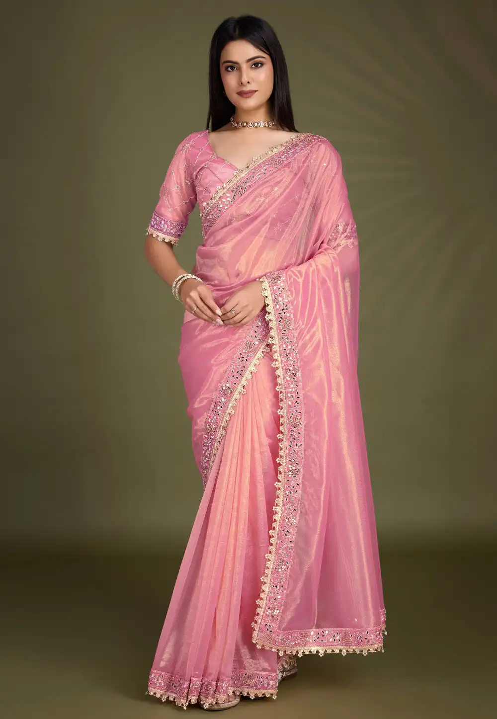 Pink Shimmer Net Saree With Blouse 294803