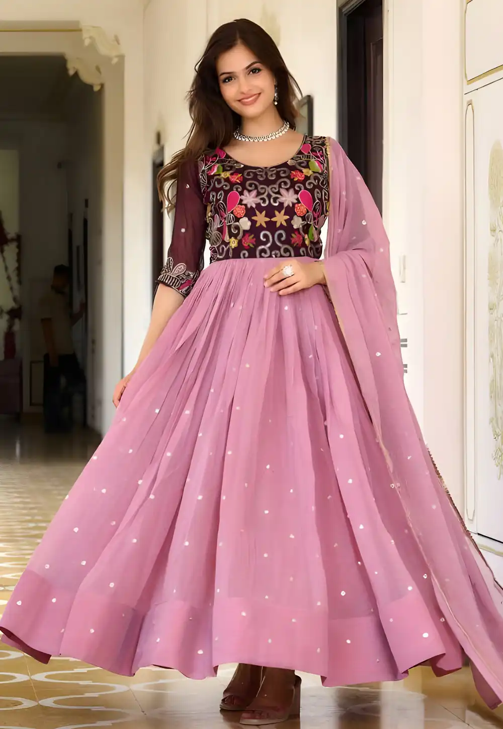 Pink Shimmer Readymade Long Anarkali Suit 294297