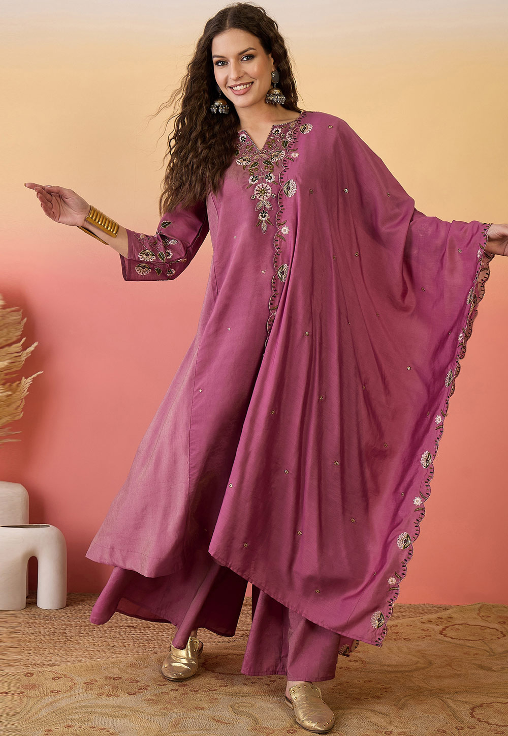 Pink Shimmer Readymade Palazzo Suit 309152