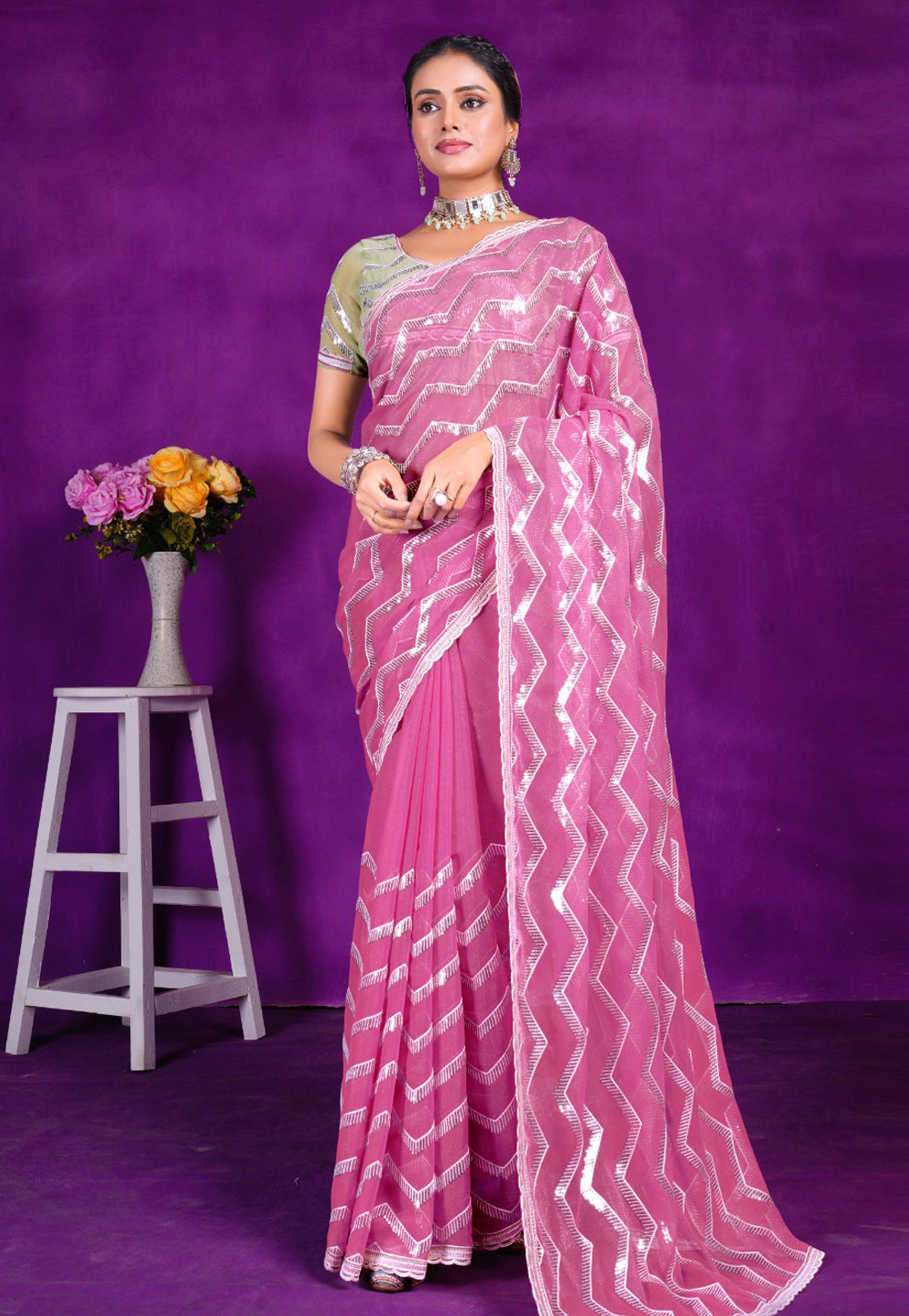 Pink Shimmer Saree With Blouse 285493